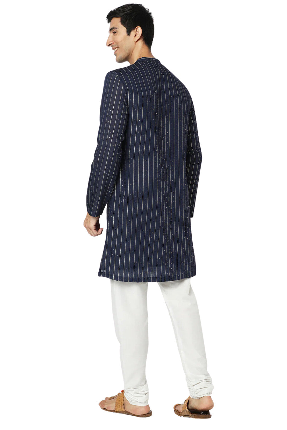 Men's navy pin-stripe cotton knee-length kurta, back view.