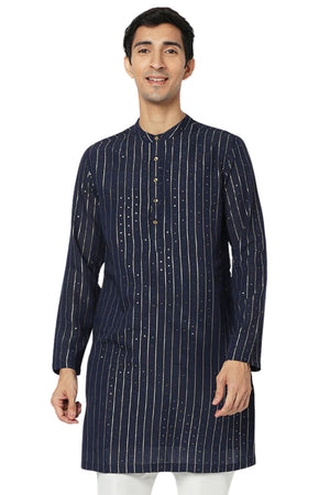 Men's navy pin-stripe cotton knee-length kurta, front view.