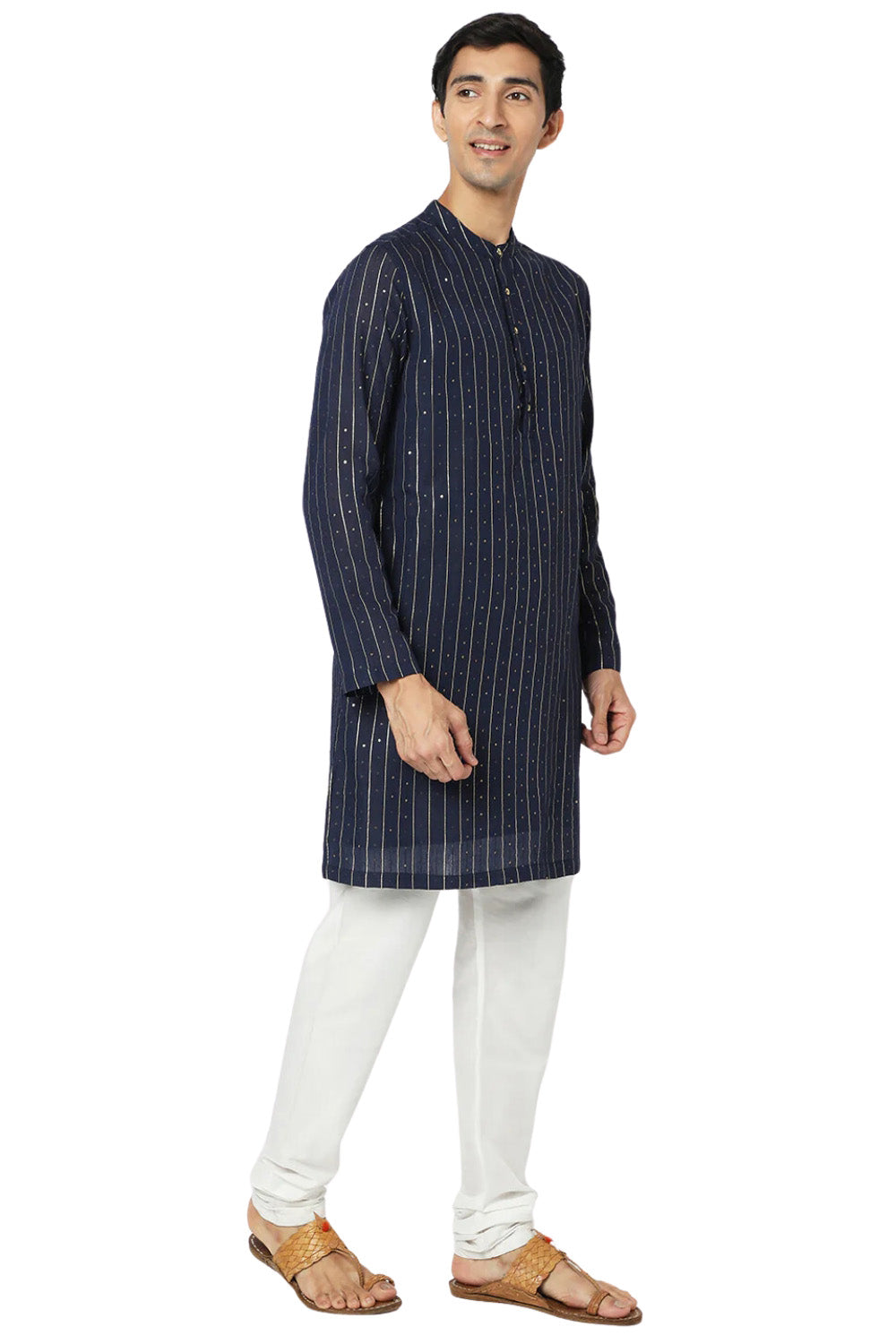Men's navy pin-stripe cotton knee-length kurta, side view.