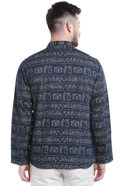 Back view of Shatranj men's navy Warli-print cotton hip-length kurta tunic