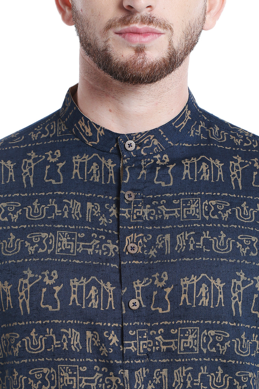 Close-up detail of Shatranj men's navy Warli-print cotton hip-length kurta tunic