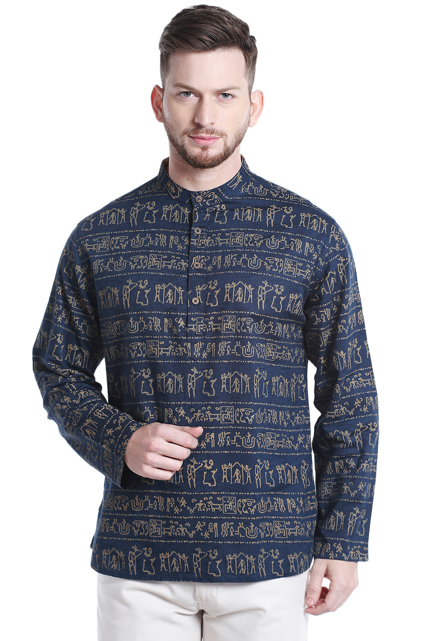 Front view of Shatranj men's navy Warli-print cotton hip-length kurta tunic