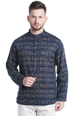 Front view of Shatranj men's navy Warli-print cotton hip-length kurta tunic