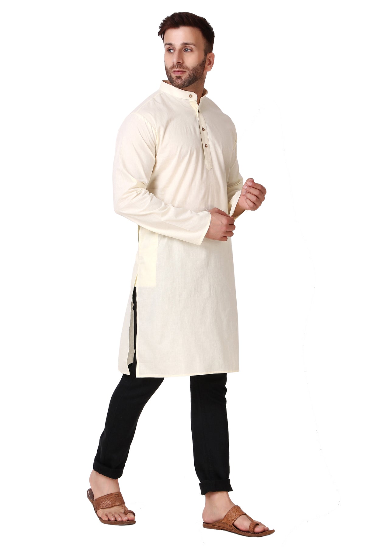 Men's off-white cotton band collar knee-length kurta, alternate front view.