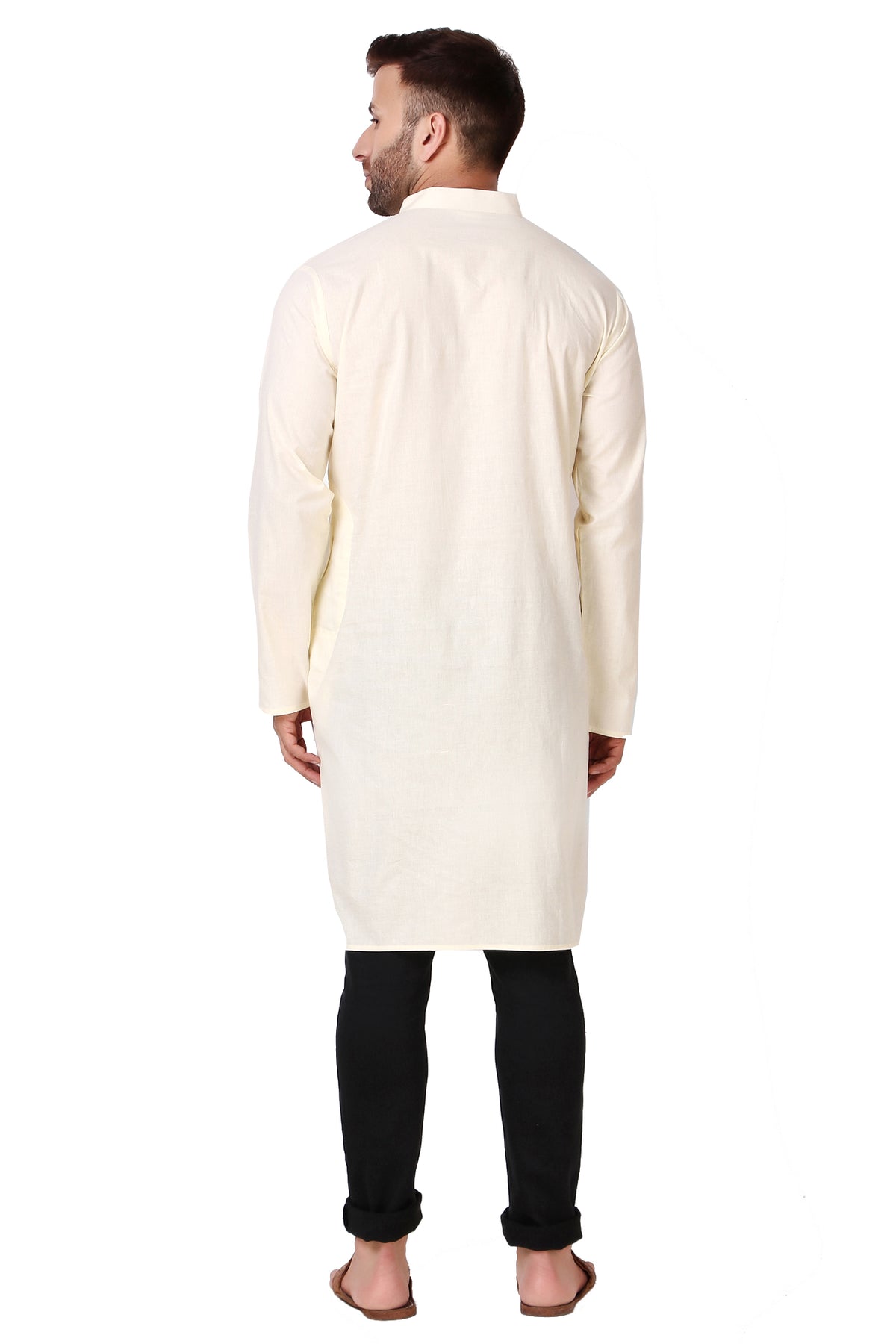 Men's off-white cotton band collar knee-length kurta, alternate side view.