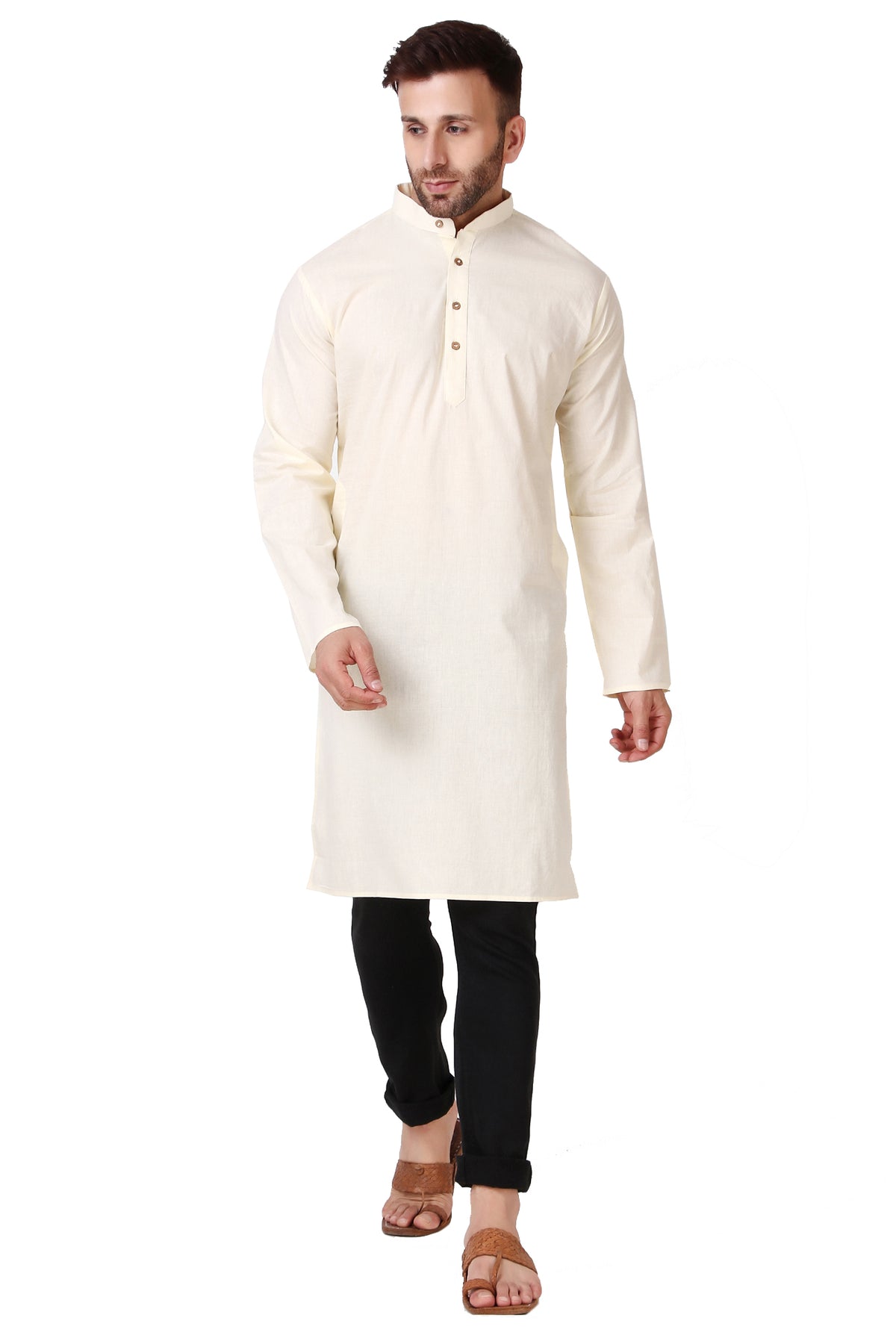 Men's off-white cotton band collar knee-length kurta, back view.