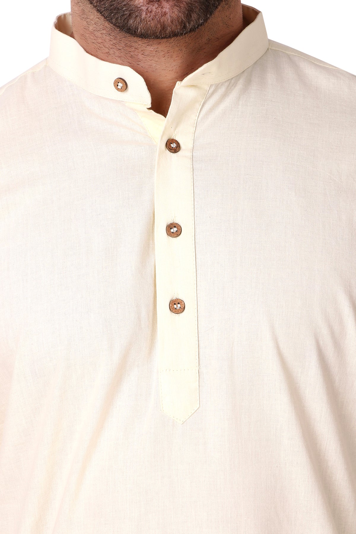 Men's off-white cotton band collar knee-length kurta, close-up detail.