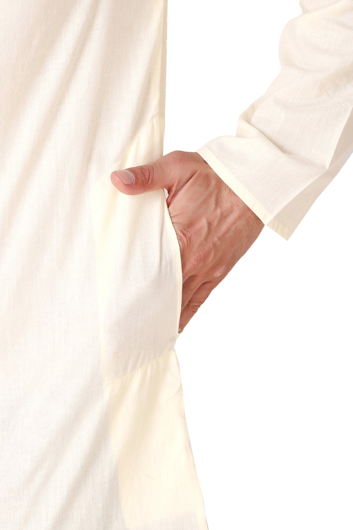 Men's off-white cotton band collar knee-length kurta, collar and neckline detail.