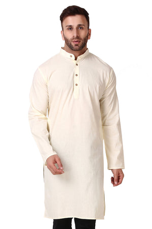Men's off-white cotton band collar knee-length kurta, front view.