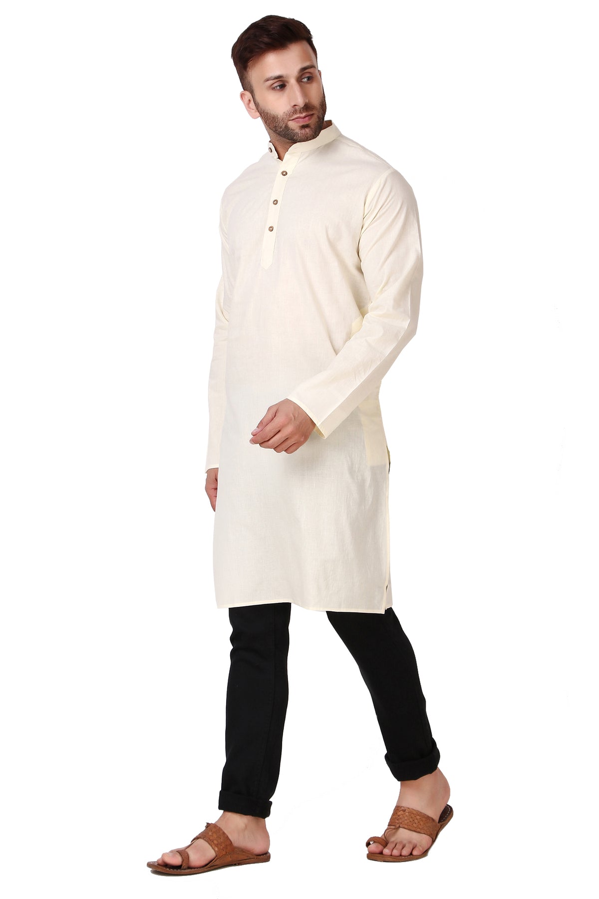 Men's off-white cotton band collar knee-length kurta, side view.