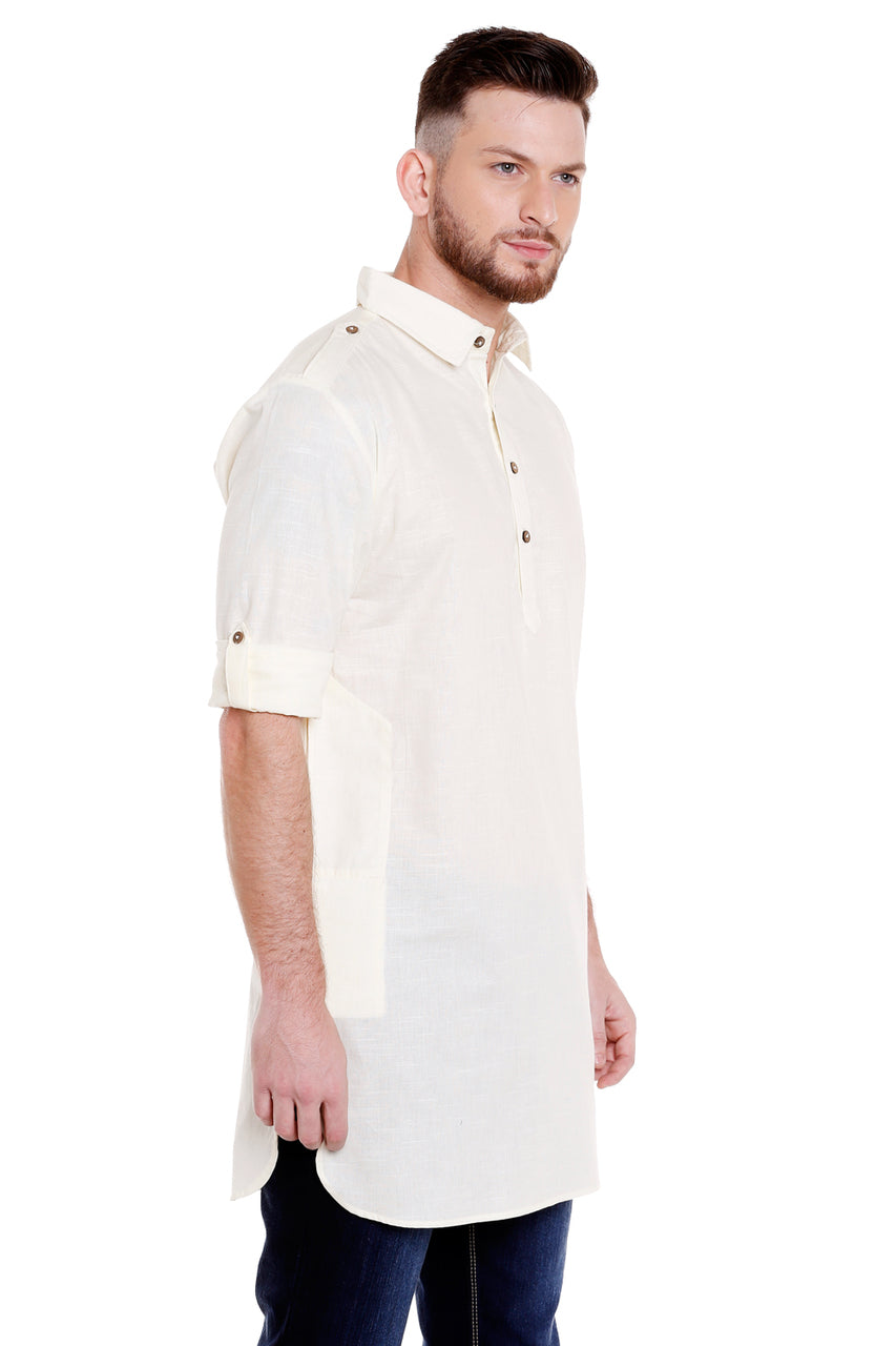 Alternate side view of men's off-white cotton Pathani roll-up sleeve kurta tunic with shoulder strap, suitable for wedding guest looks.