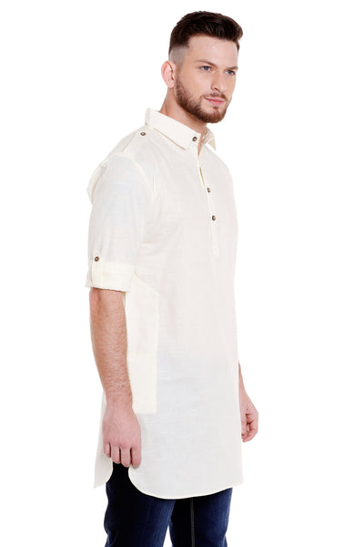 Alternate side view of men's off-white cotton Pathani roll-up sleeve kurta tunic with shoulder strap, suitable for wedding guest looks.