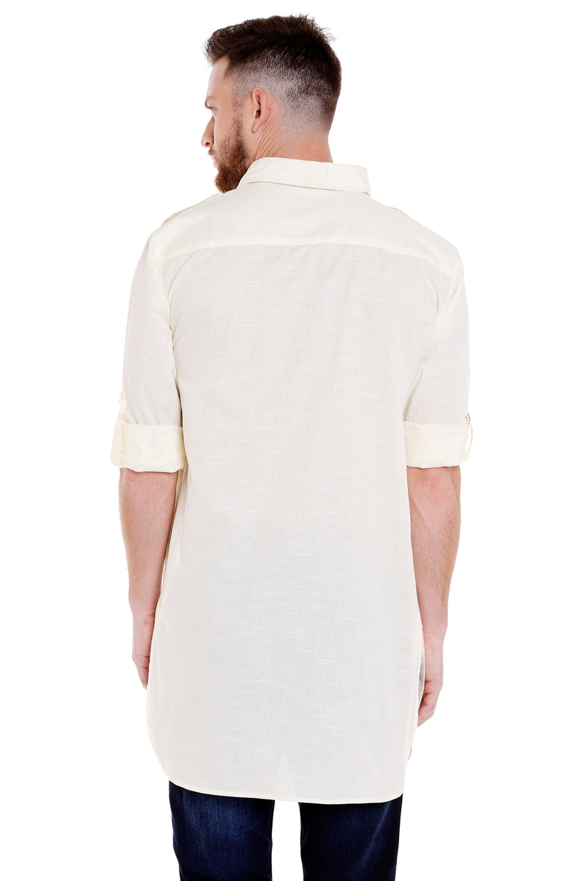 Back view of men's off-white cotton Pathani roll-up sleeve kurta tunic with shoulder strap, suitable for wedding guest looks.