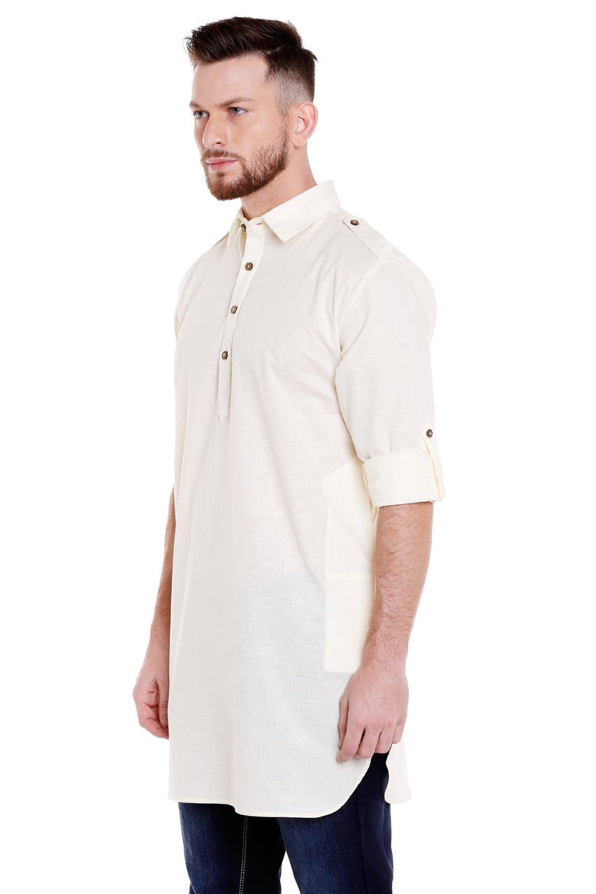 Side view of men's off-white cotton Pathani roll-up sleeve kurta tunic with shoulder strap, suitable for wedding guest looks.