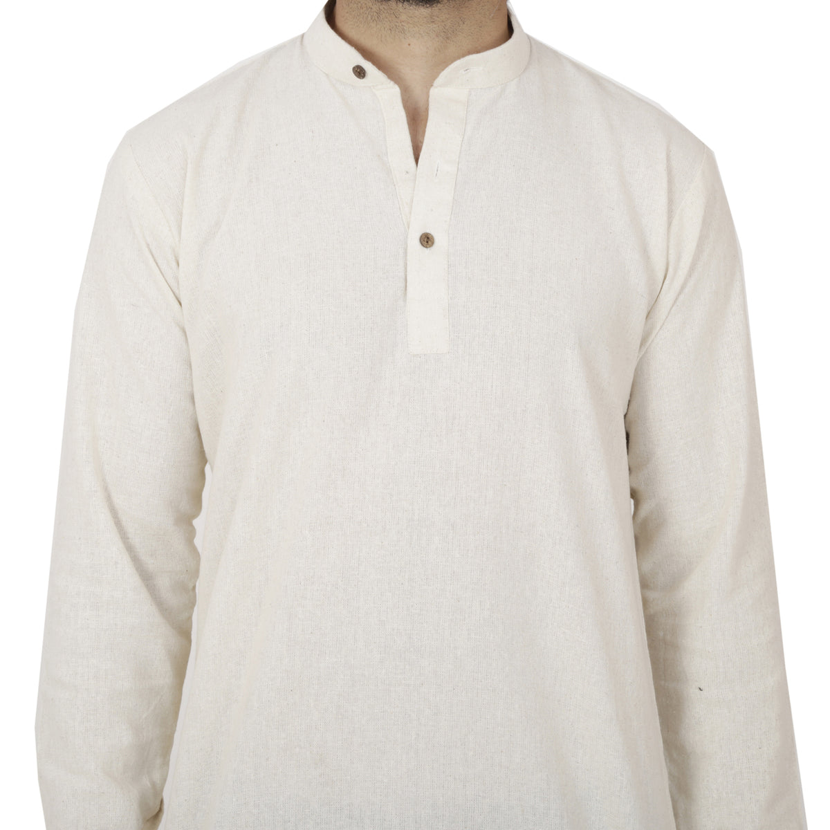 Close-up of In-Sattva's men's off-white handmade khadi cotton thigh-length kurta tunic, showing the short button placket, brown buttons and textured khadi cotton fabric.