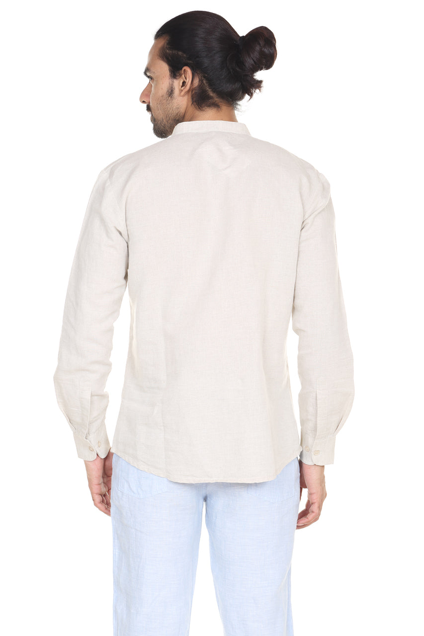 Men's off-white linen-cotton knee-length kurta, alternate front view.