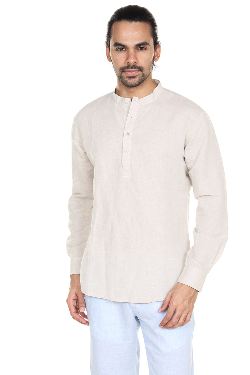 Men's off-white linen-cotton knee-length kurta, front view.