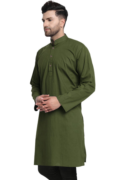 Men's olive green cotton band collar knee-length kurta, alternate front view.