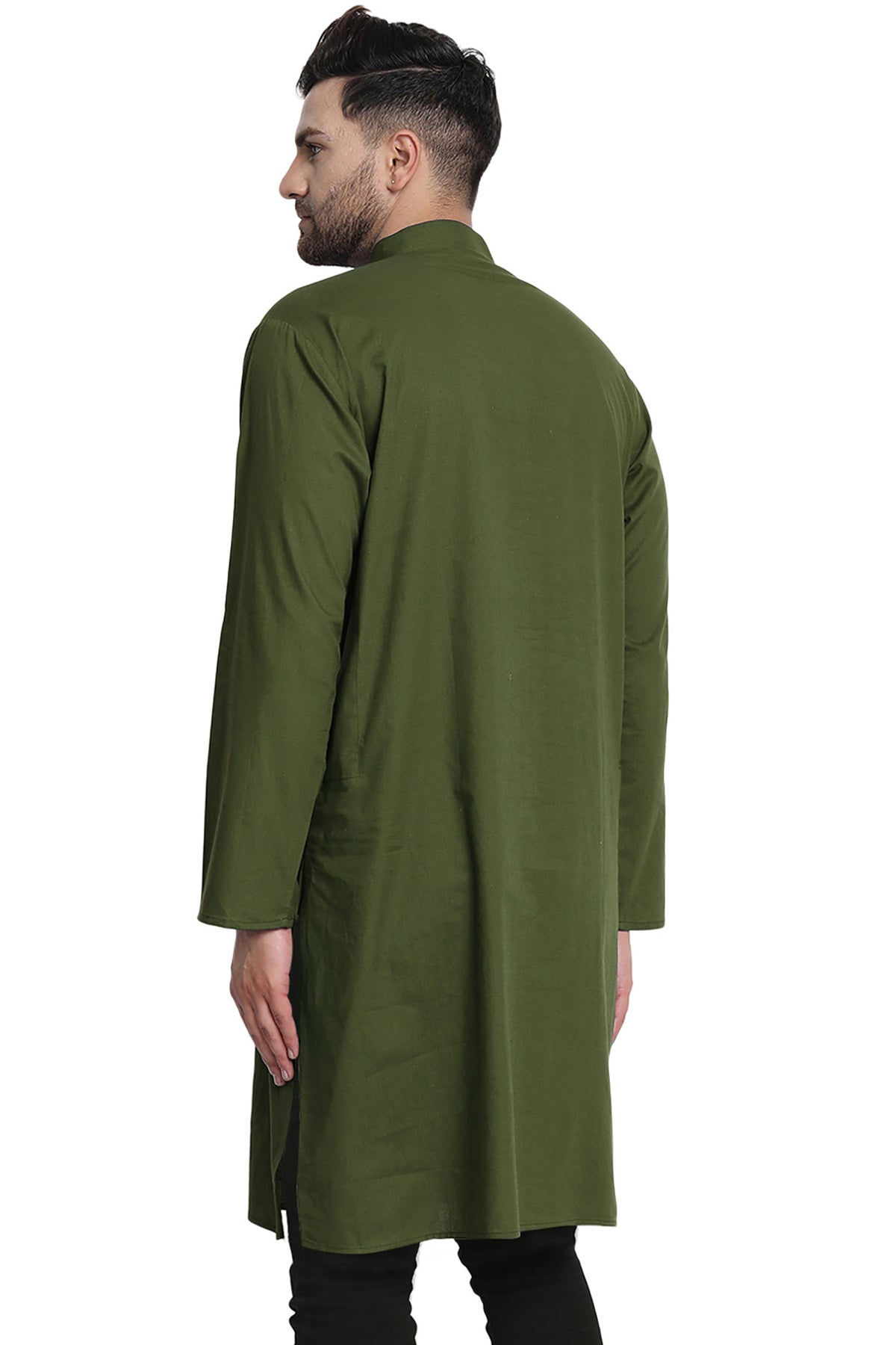 Men's olive green cotton band collar knee-length kurta, alternate side view.
