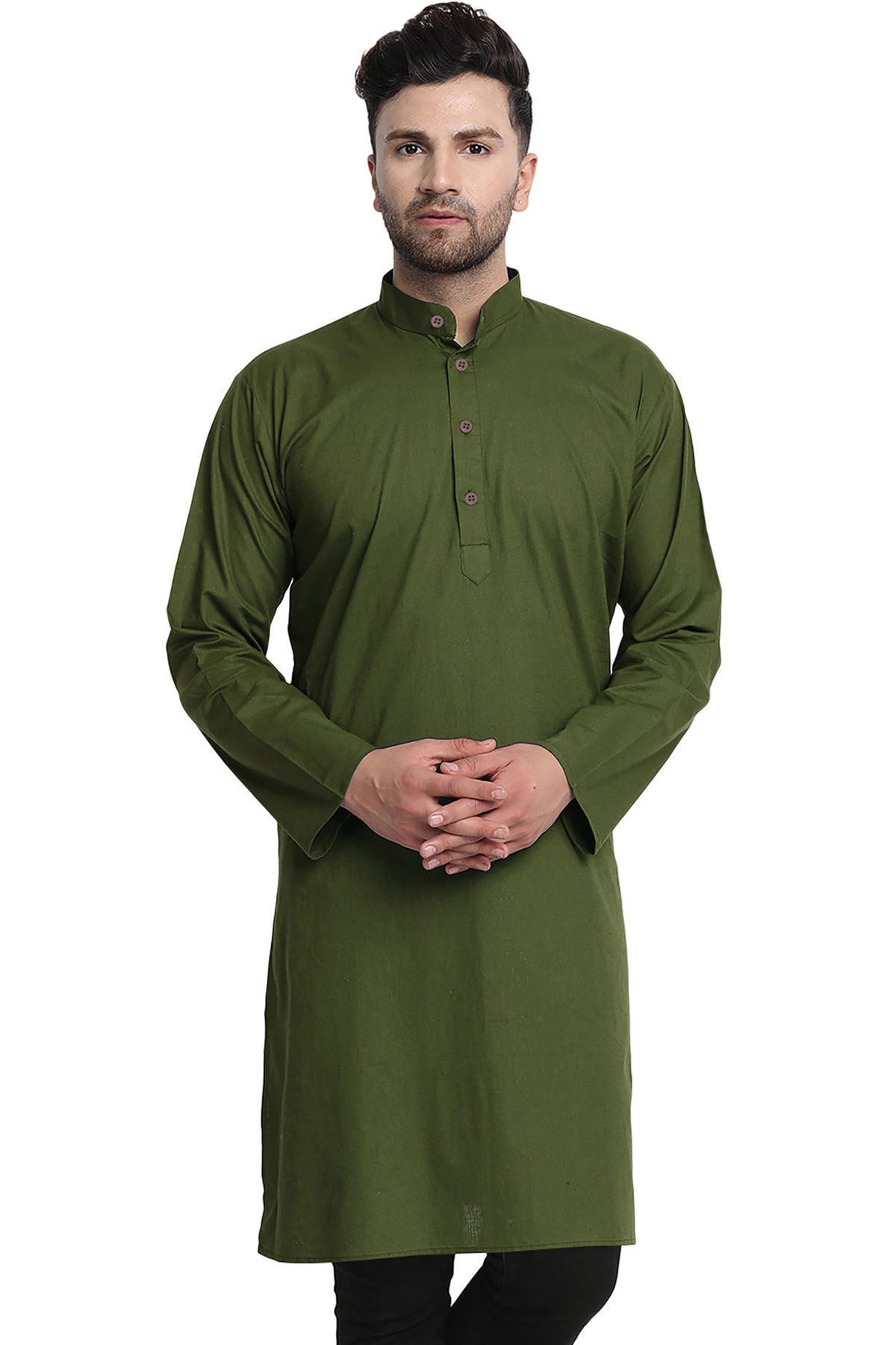 Men's olive green cotton band collar knee-length kurta, front view.