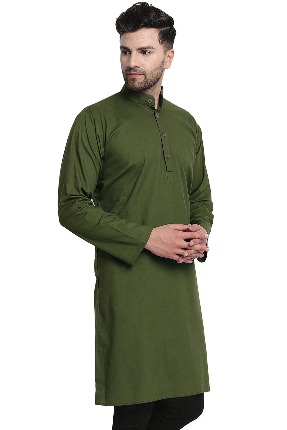 Men's olive green cotton band collar knee-length kurta, side view.