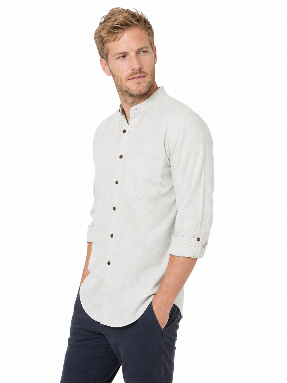Back view of In-Sattva men's olive green cotton hip-length button-down shirt