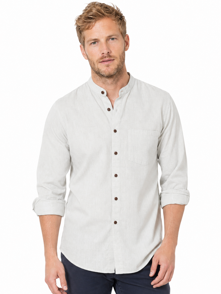 Front view of In-Sattva men's olive green cotton hip-length button-down shirt