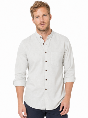 Front view of In-Sattva men's olive green cotton hip-length button-down shirt