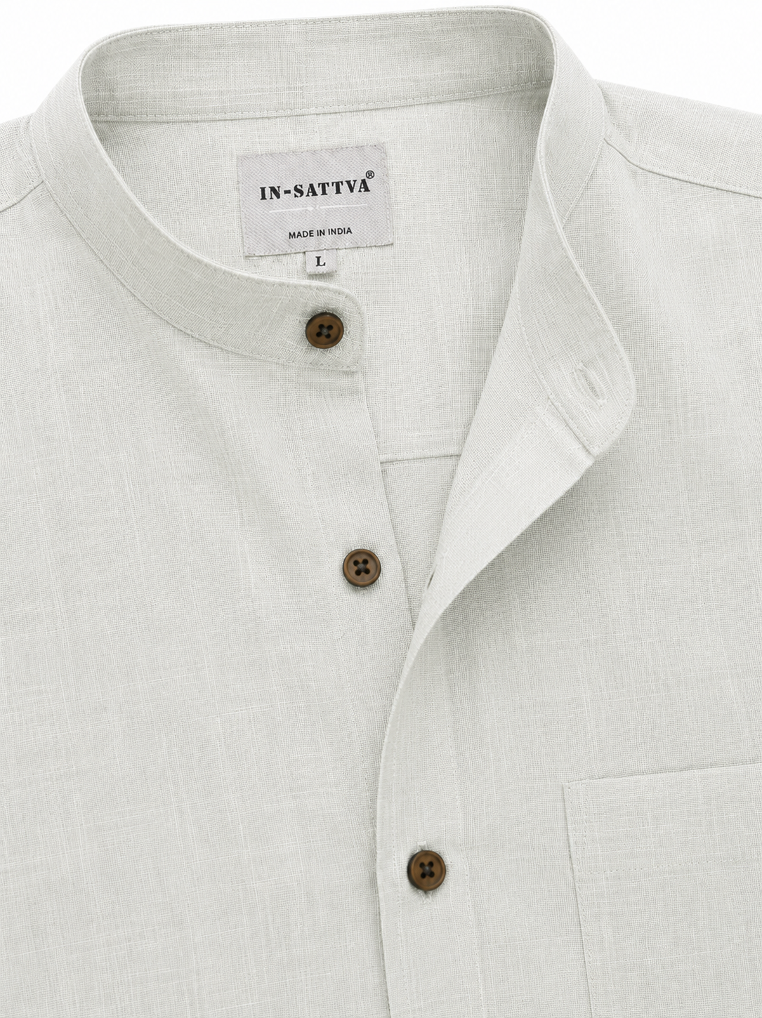 Lifestyle view of In-Sattva men's olive green cotton hip-length button-down shirt
