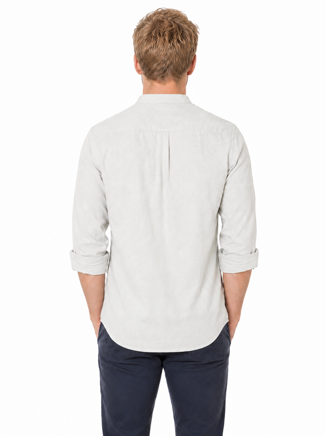 Side view of In-Sattva men's olive green cotton hip-length button-down shirt