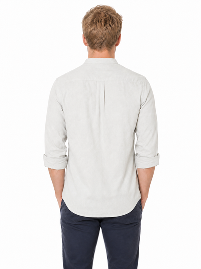 Side view of In-Sattva men's olive green cotton hip-length button-down shirt