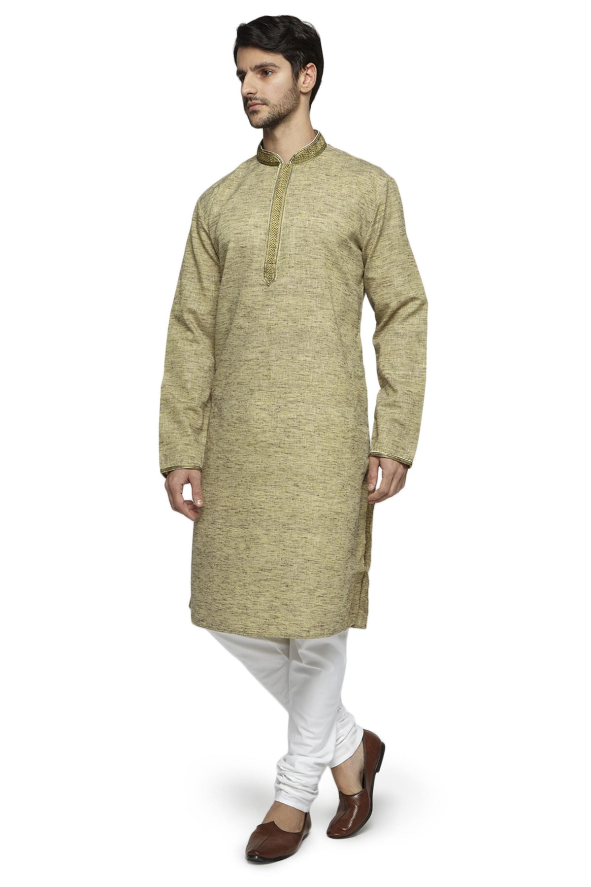 Men's olive green knee-length kurta, alternate front view.