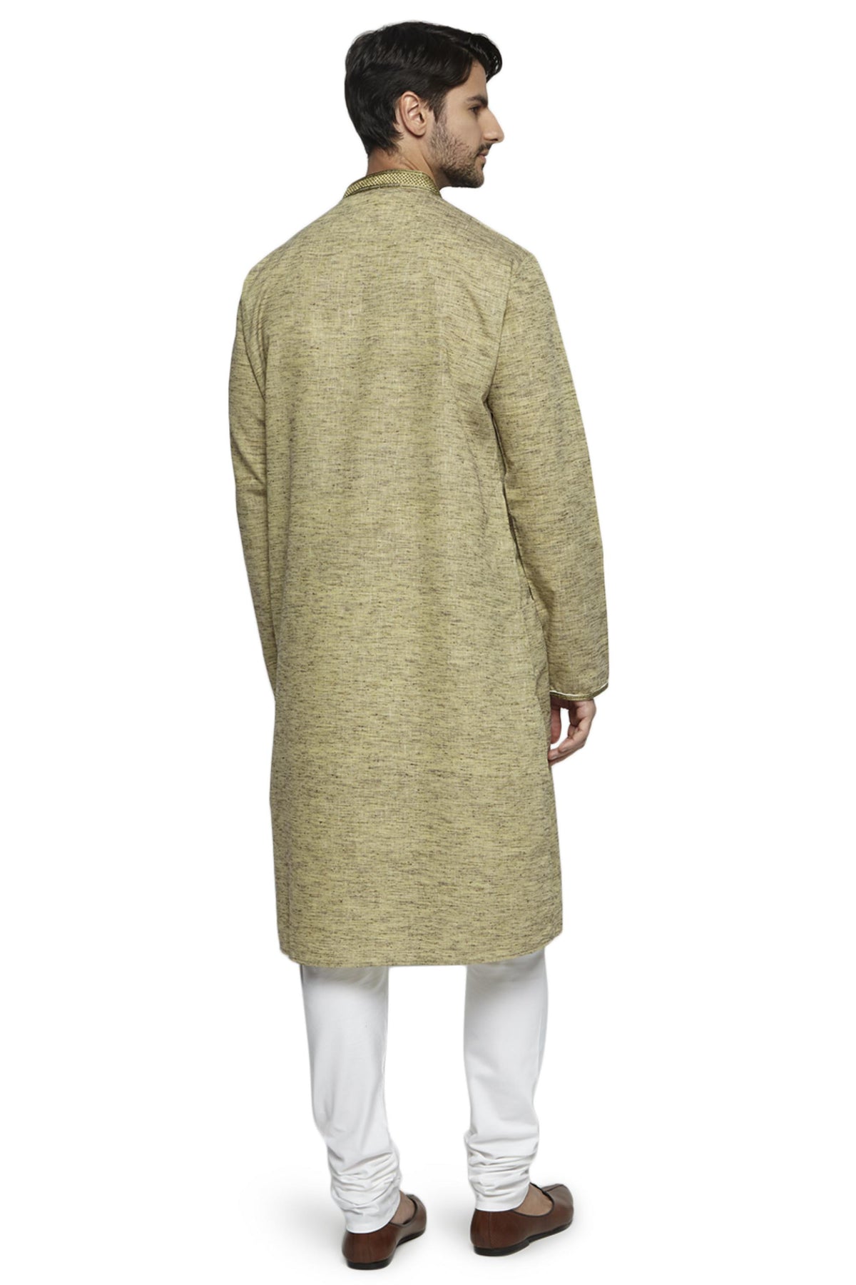 Men's olive green knee-length kurta, alternate side view.