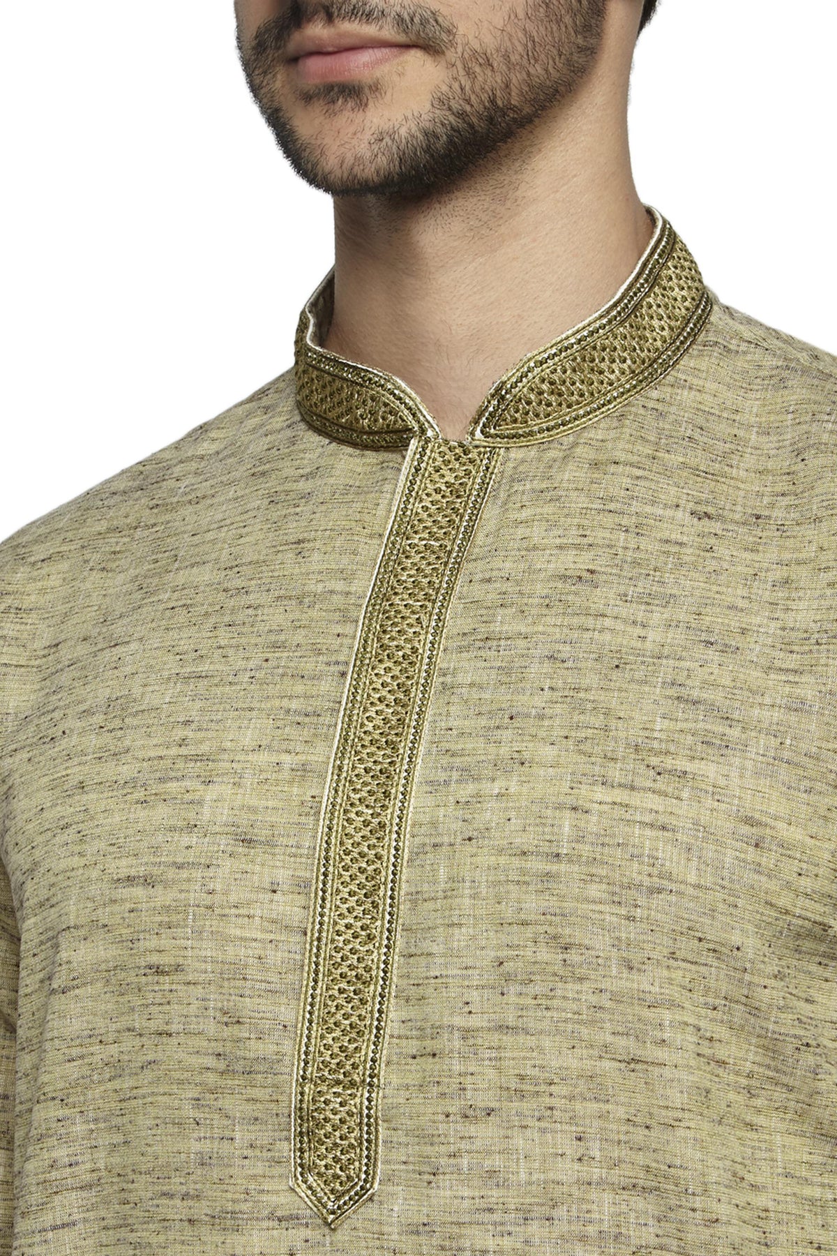Men's olive green knee-length kurta, back view.