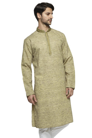 Men's olive green knee-length kurta, front view.