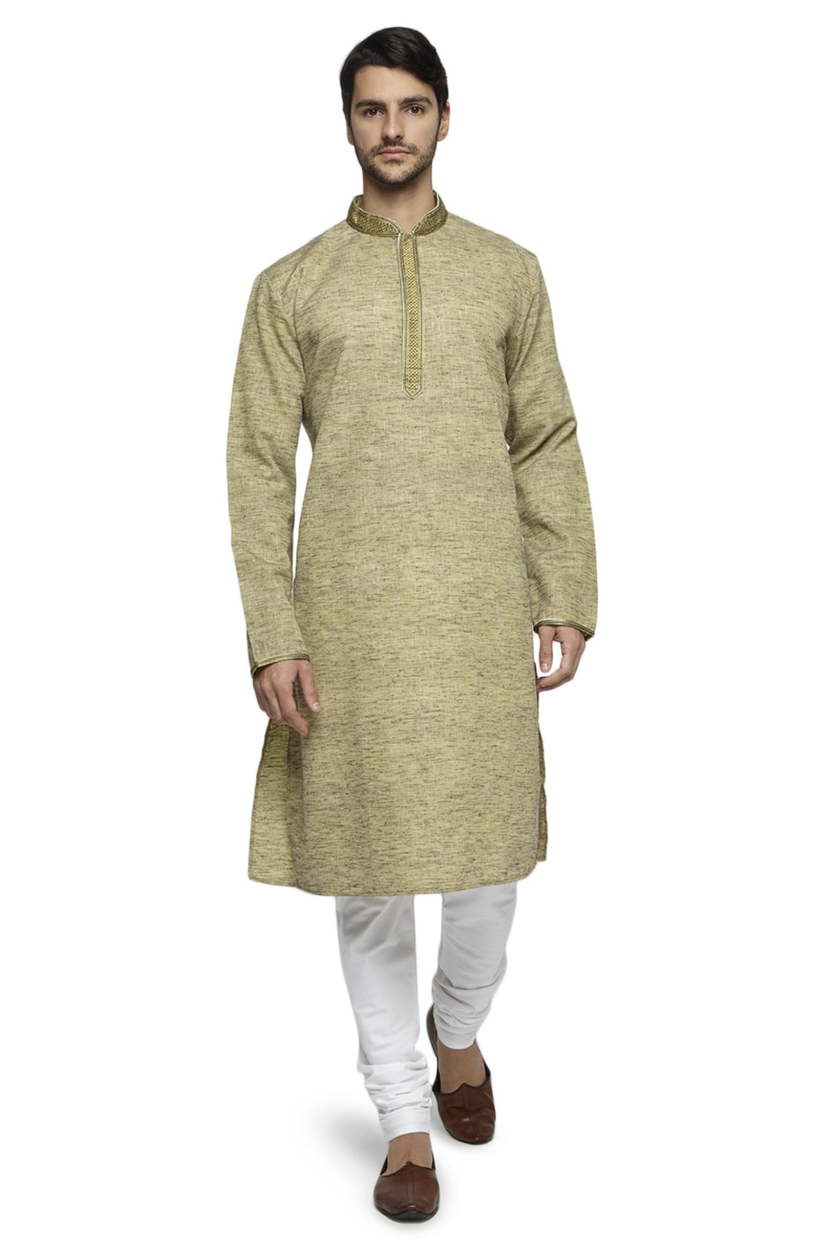Men's olive green knee-length kurta, side view.