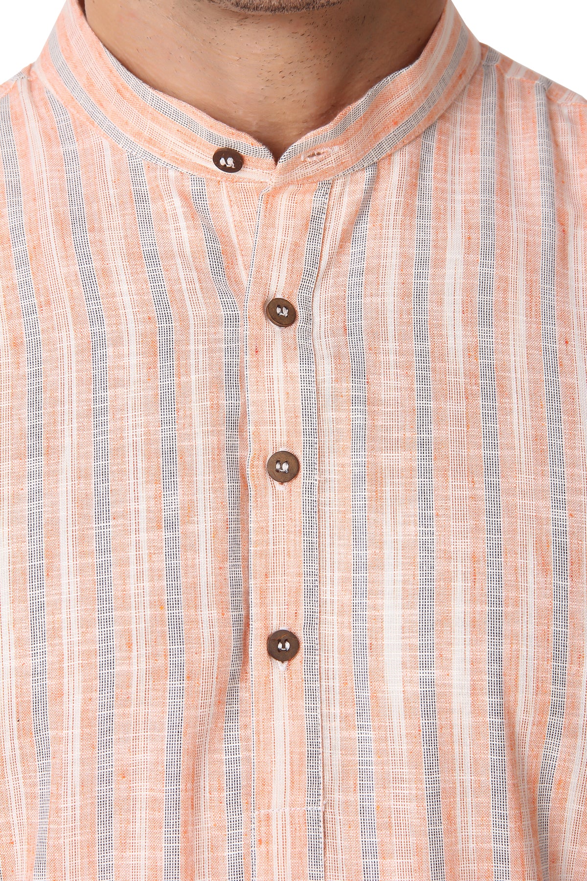 Men's orange striped cotton band collar knee-length kurta, additional product detail.