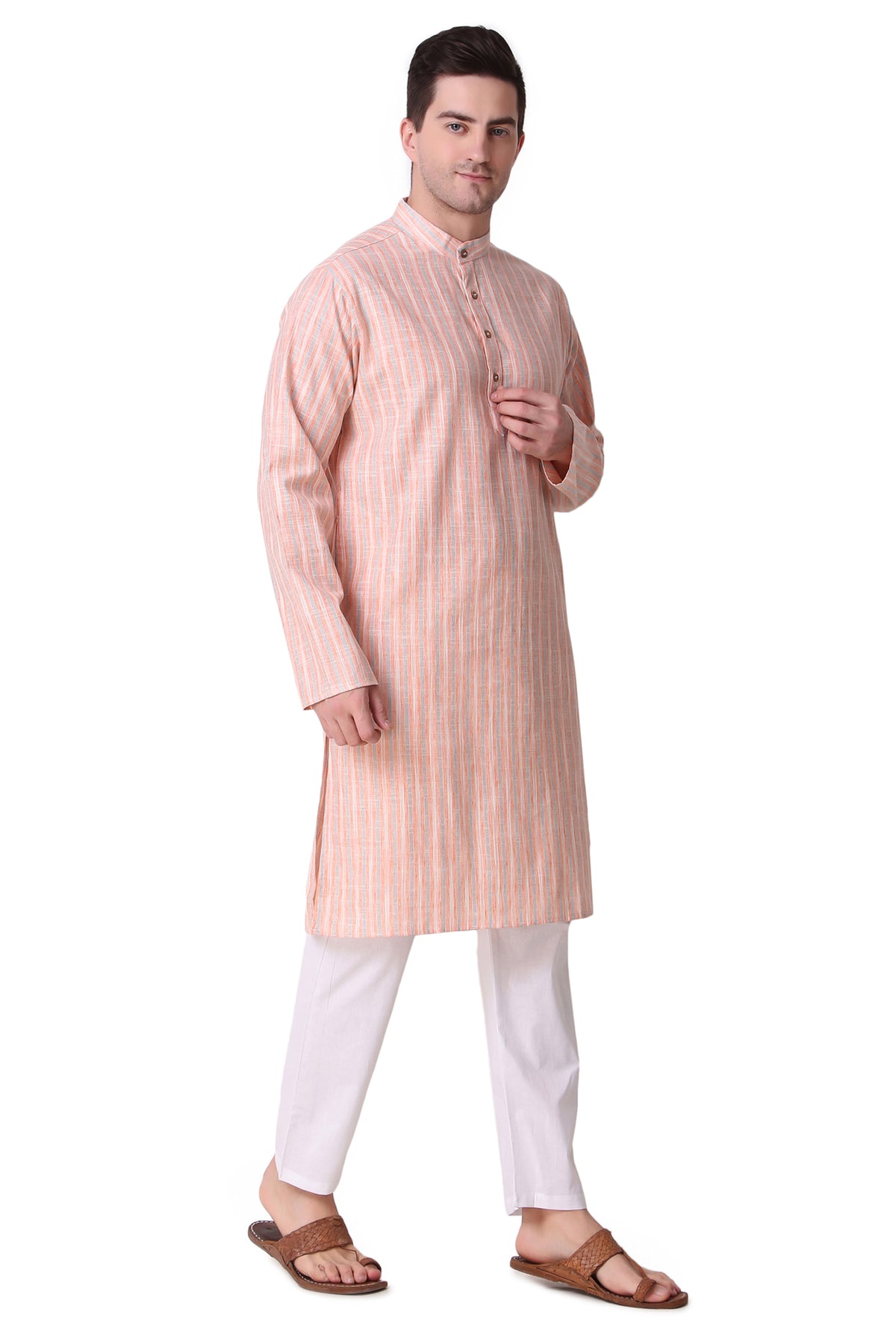 Men's orange striped cotton band collar knee-length kurta, alternate front view.