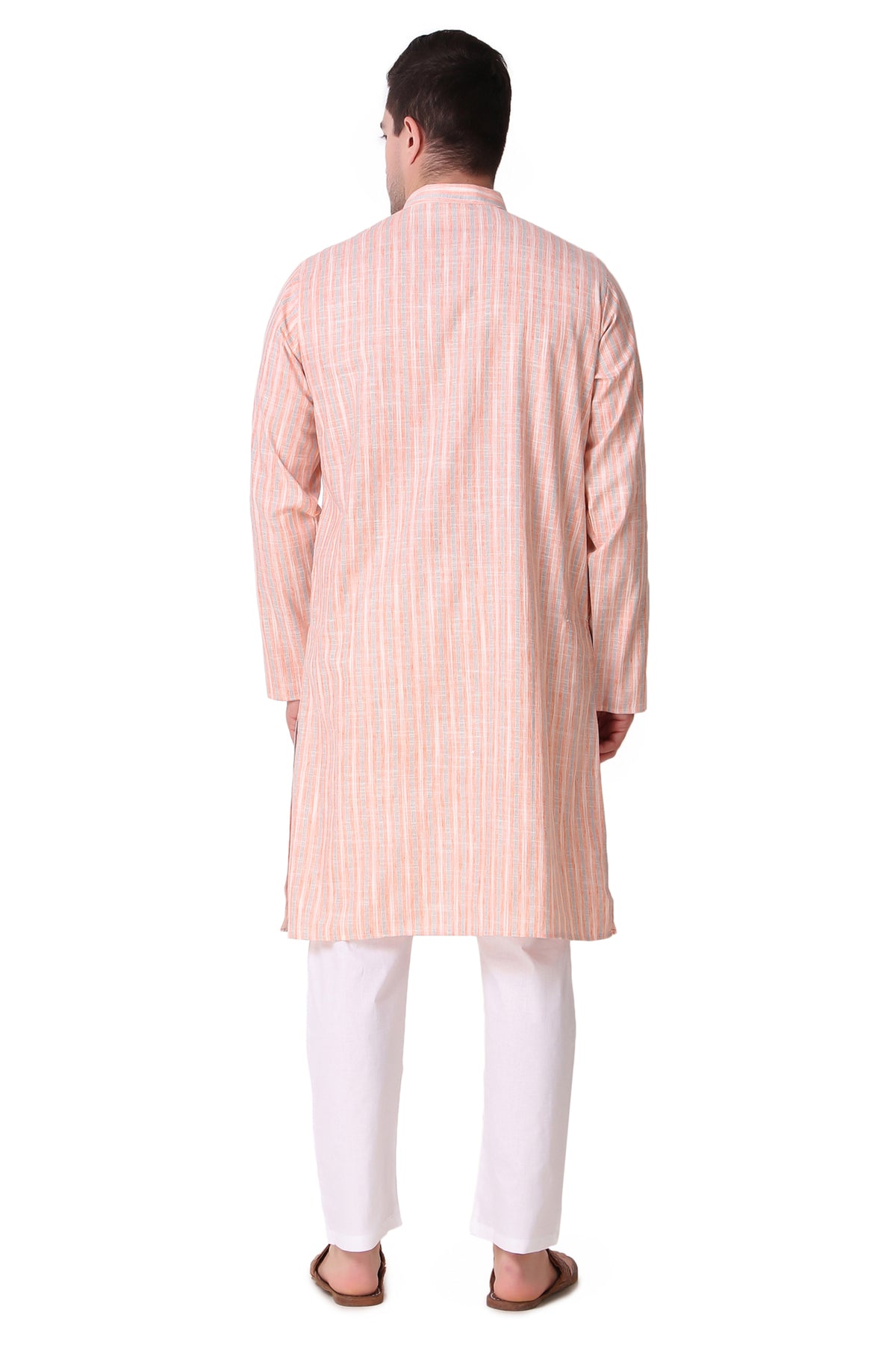 Men's orange striped cotton band collar knee-length kurta, alternate side view.