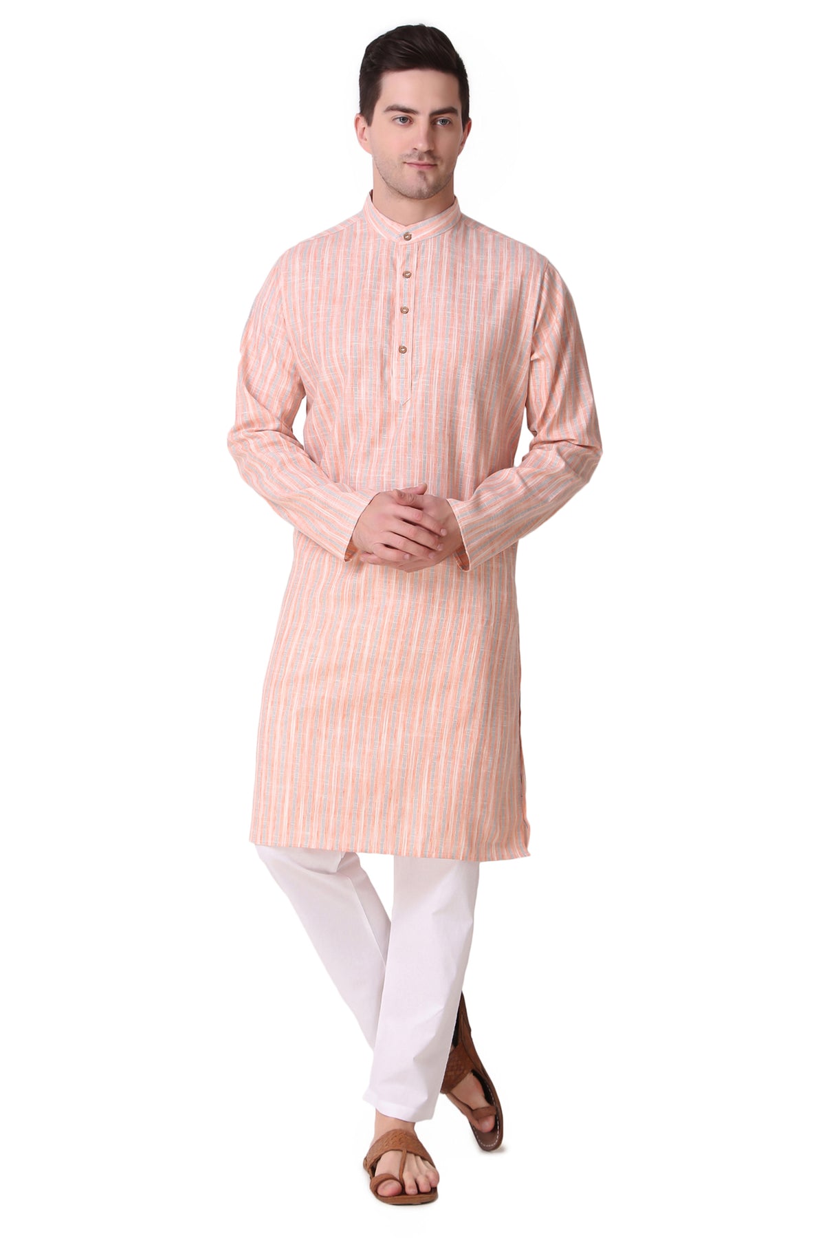 Men's orange striped cotton band collar knee-length kurta, back view.