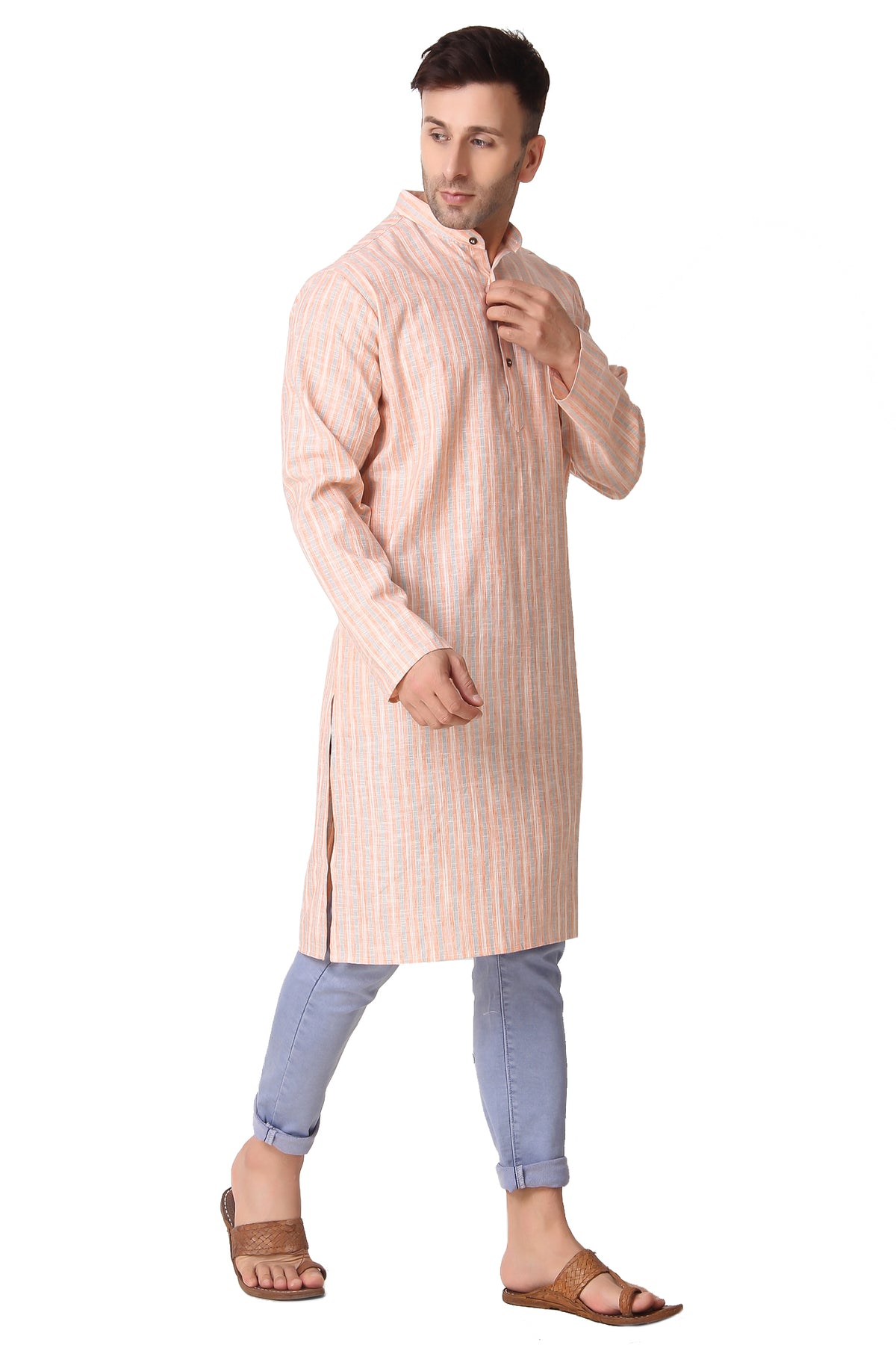 Men's orange striped cotton band collar knee-length kurta, close-up detail.