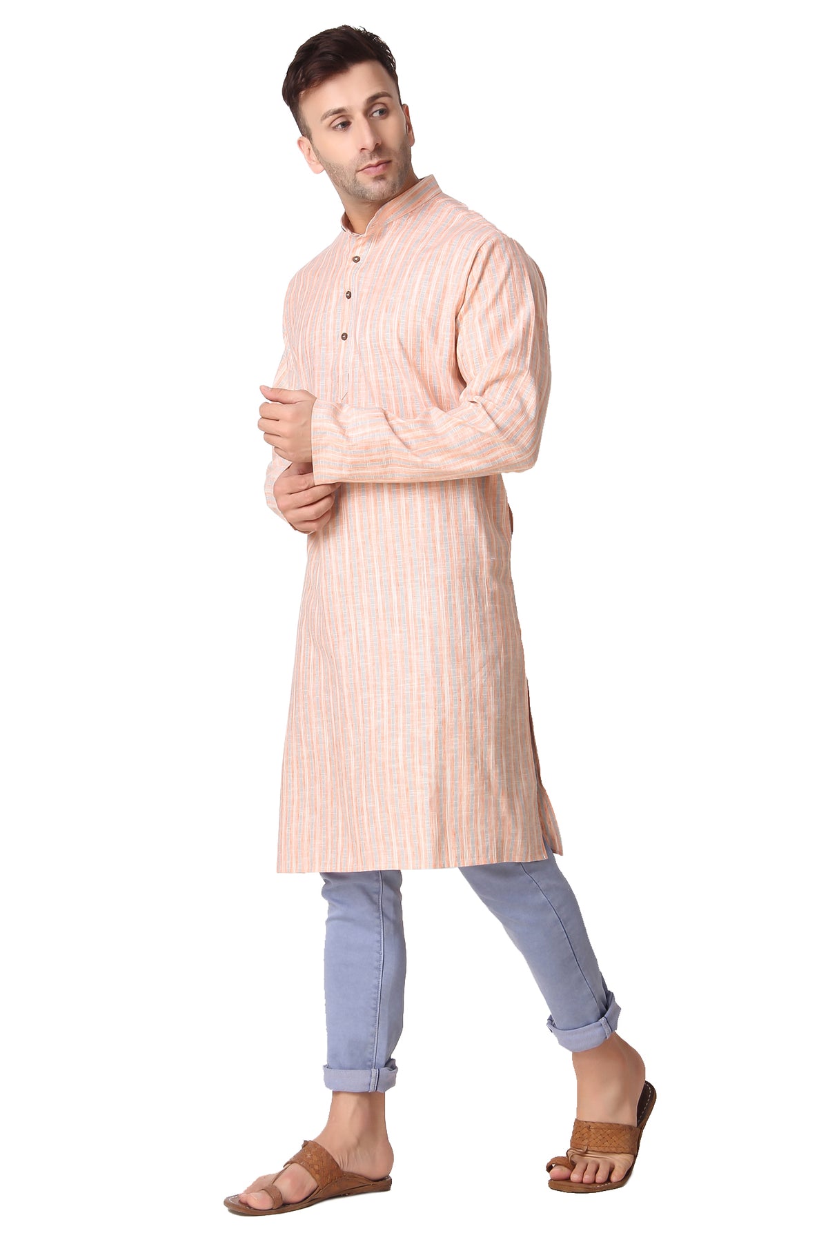 Men's orange striped cotton band collar knee-length kurta, collar and neckline detail.