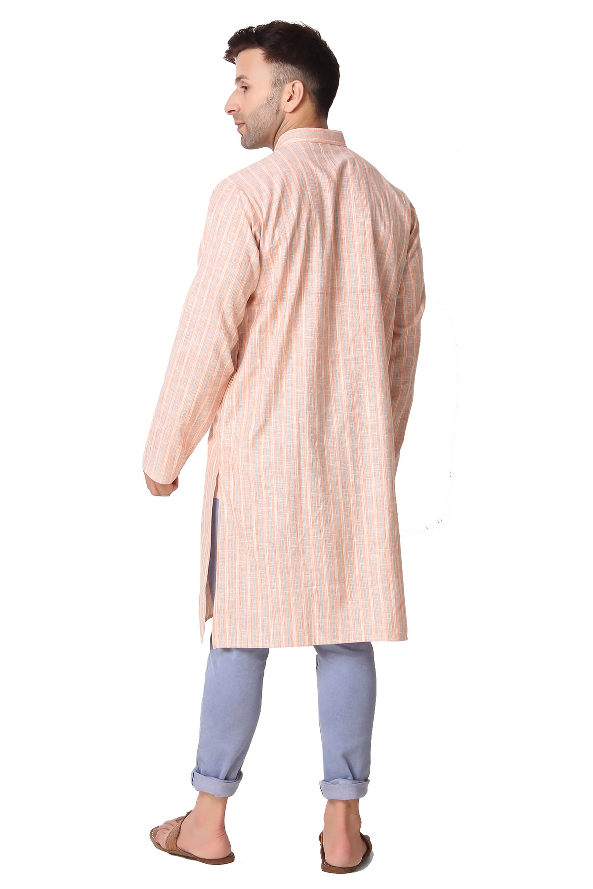 Men's orange striped cotton band collar knee-length kurta, fabric texture detail.