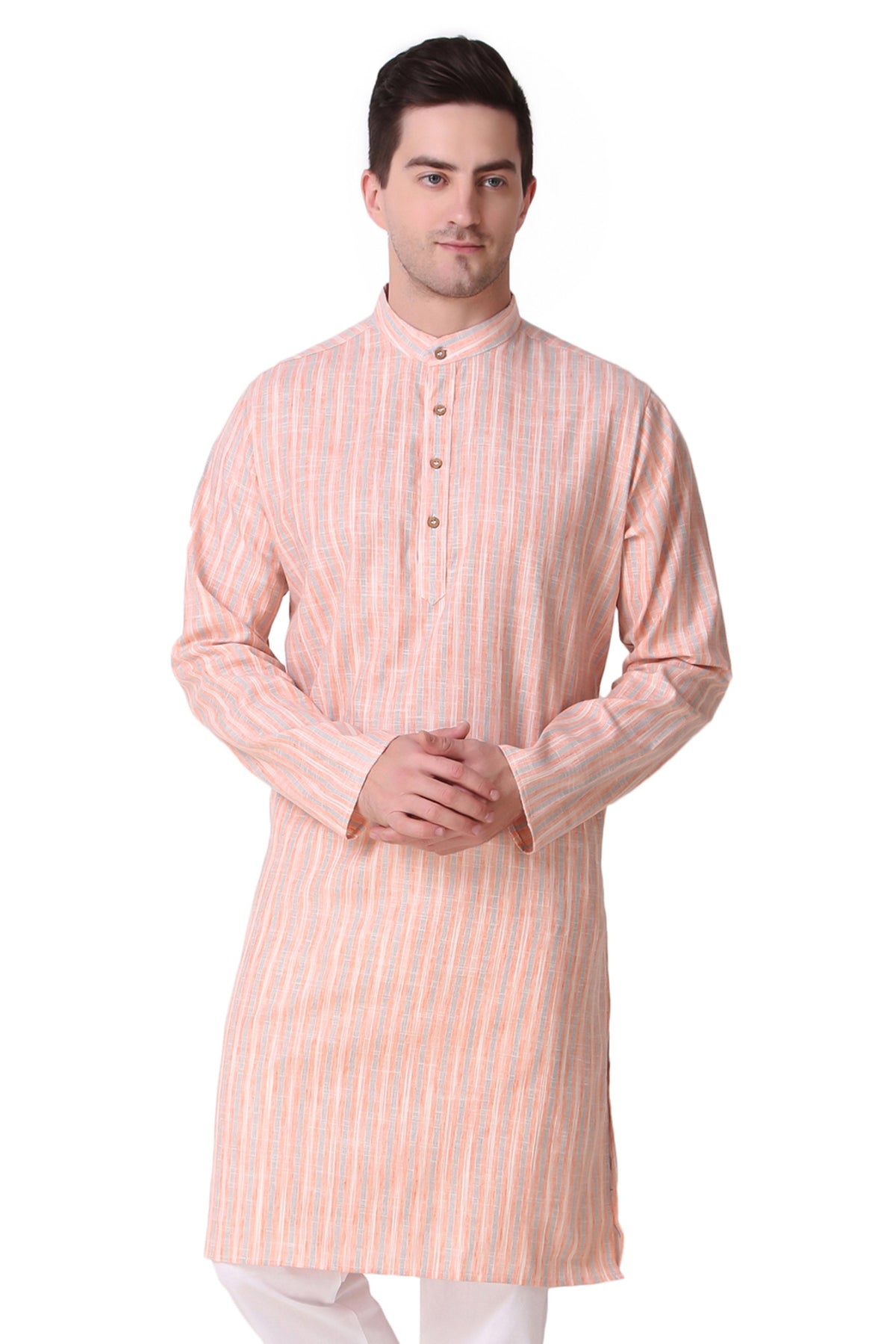 Men's orange striped cotton band collar knee-length kurta, front view.