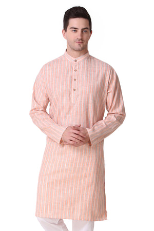 Men's orange striped cotton band collar knee-length kurta, front view.