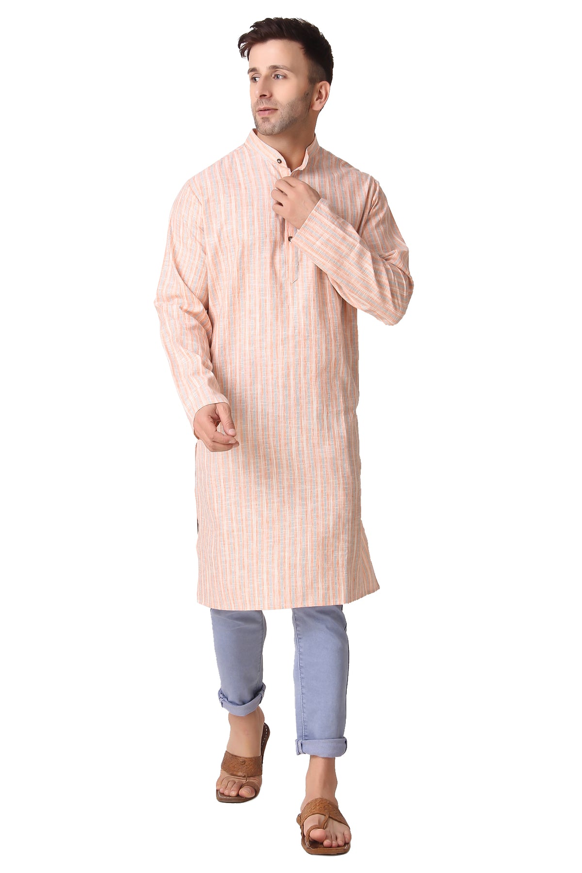 Men's orange striped cotton band collar knee-length kurta, front placket detail.