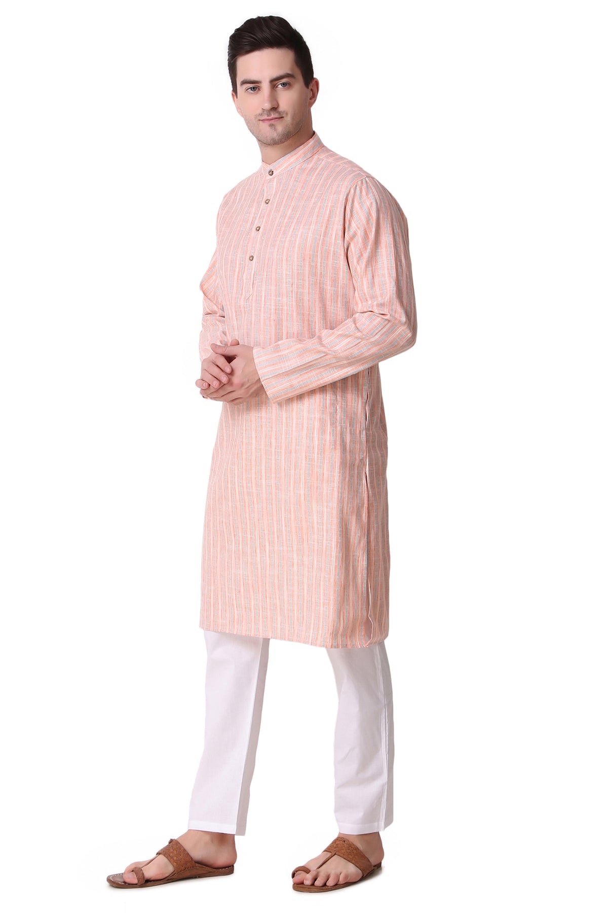Men's orange striped cotton band collar knee-length kurta, side view.