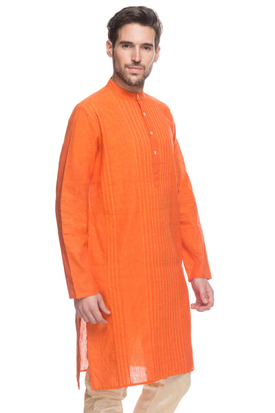 Men's orange textured cotton band collar knee-length kurta, alternate front view.
