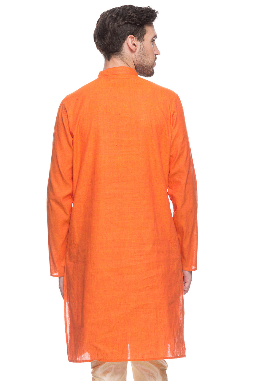 Men's orange textured cotton band collar knee-length kurta, alternate side view.