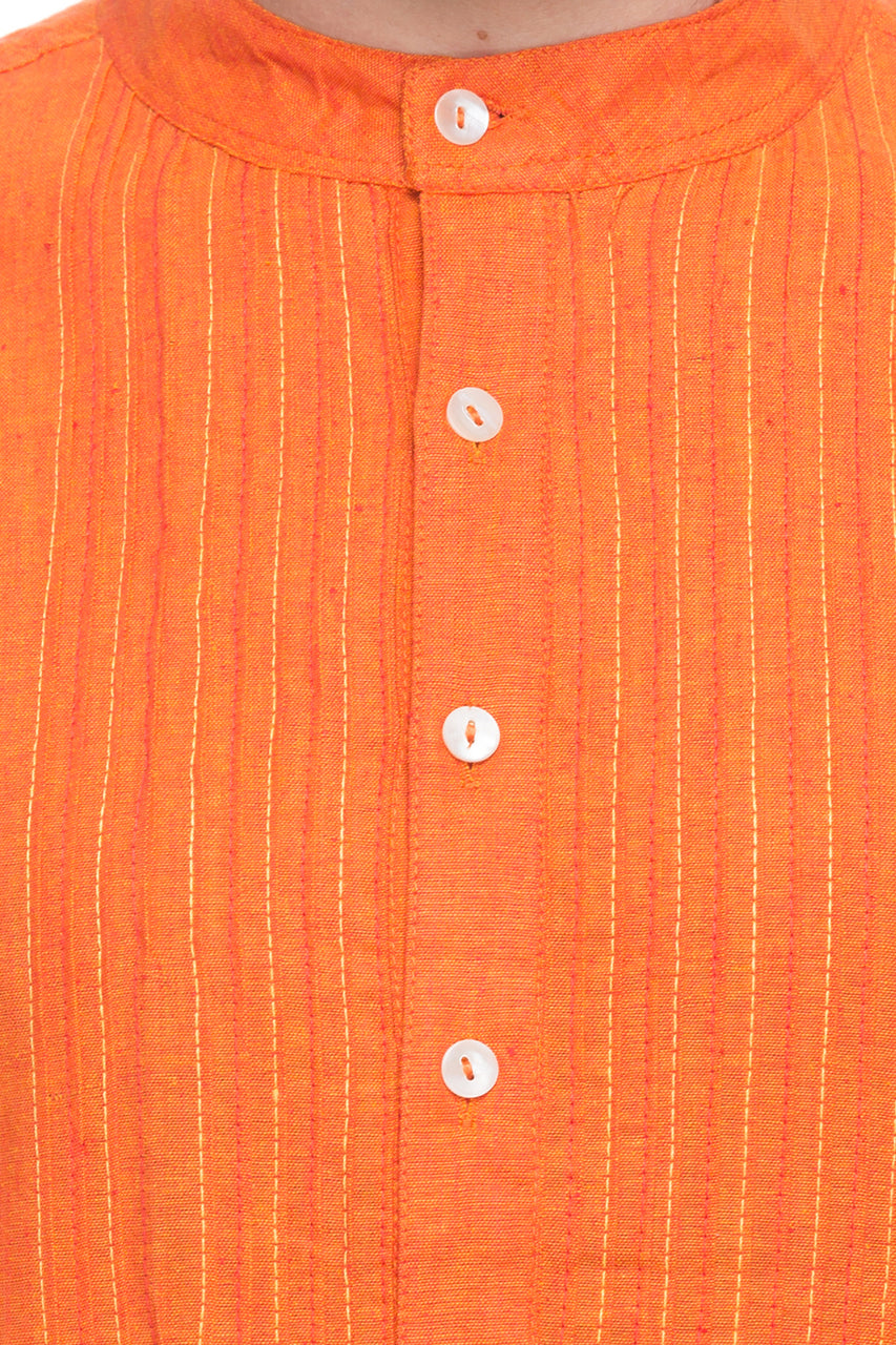Men's orange textured cotton band collar knee-length kurta, back view.